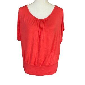by & by pullover orangey coral stretchy top with short batwing sleeves women's L